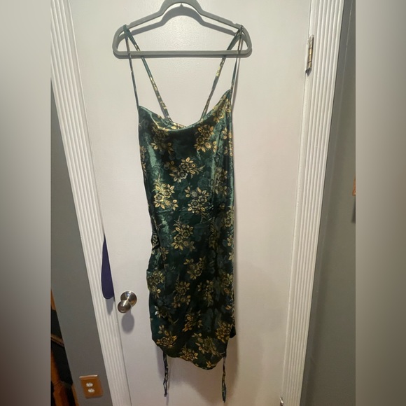Shein Plus Gold Floral Print Drawstring Crisscross Satin Cami Dress - Picture 3 of 4